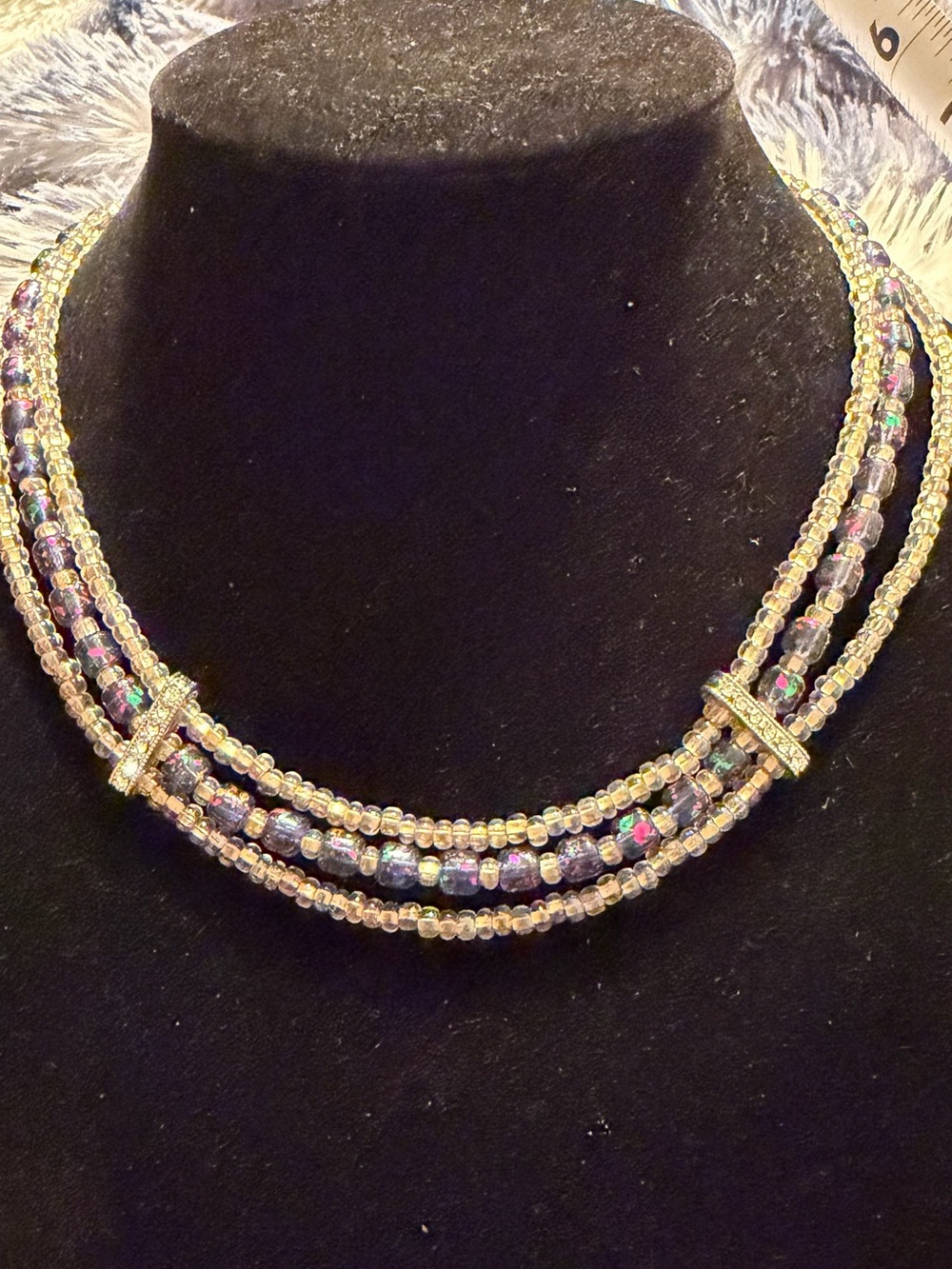 Three-Strand Iridescent Glass Bead Choker Necklace - Unbranded
